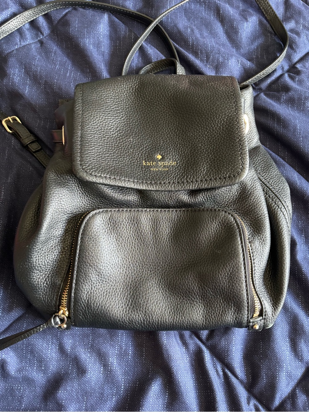 kate spade black pebbled leather mini backpack with gold logo